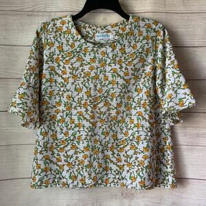 White with Yellow and Green Floral Pattern Blouse Sheer Gingham Check Size 40